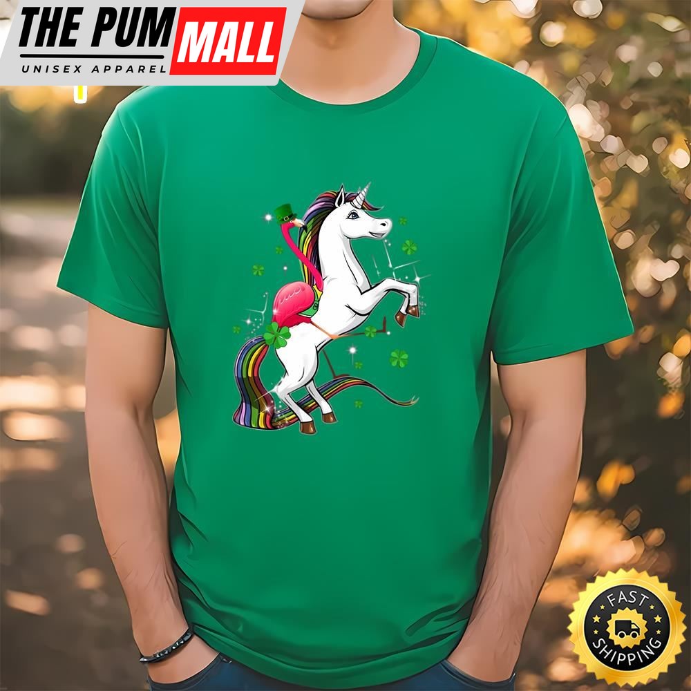 Flamingo Riding Unicorn St Patricks Day Irish T-Shirt