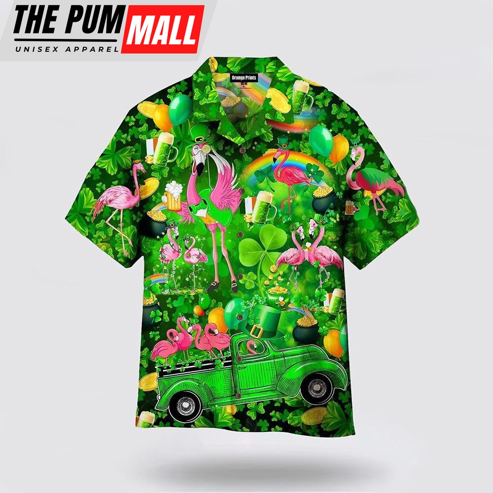 Flamingos Drink Beer Patrick’s Day Hawaiian Shirt, St Patricks Day Shirts, Shamrock Hawaiian Shirt