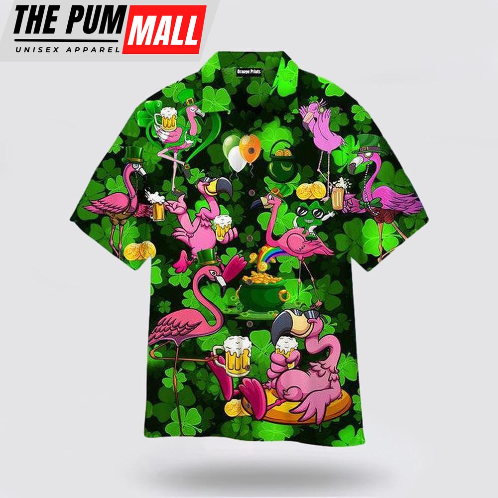 Flamingos Drink Beer St Patricks Day Shirts, Shamrock Hawaiian Shirt