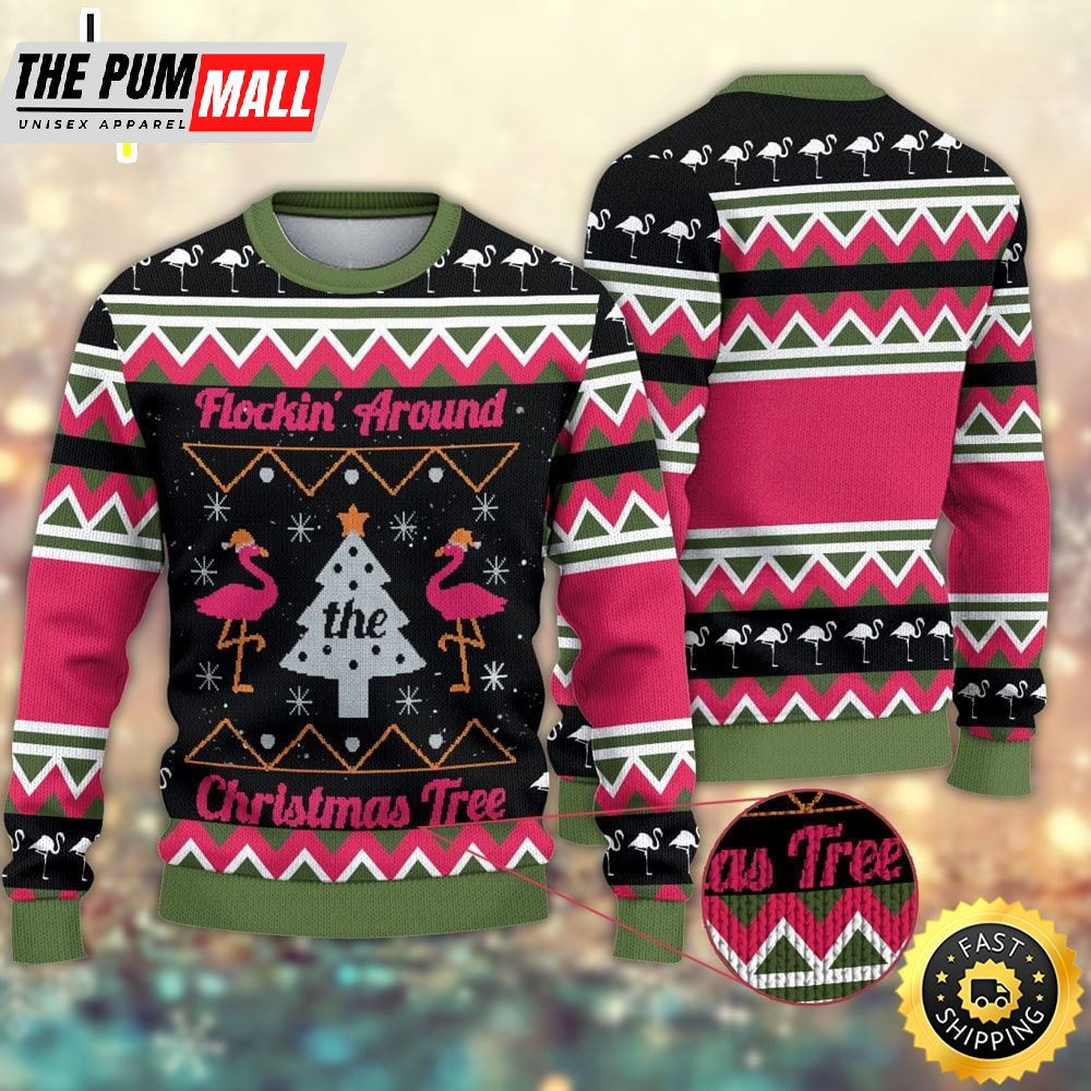 Flockin’ Around The Christmas Tree Flamingo Ugly Sweater