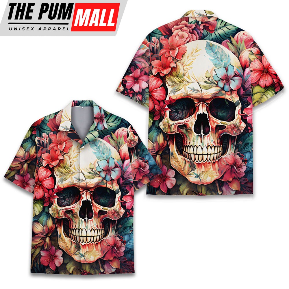 Flower Skull Hawaiian Shirts for Men Women, Skull Lover Gifts