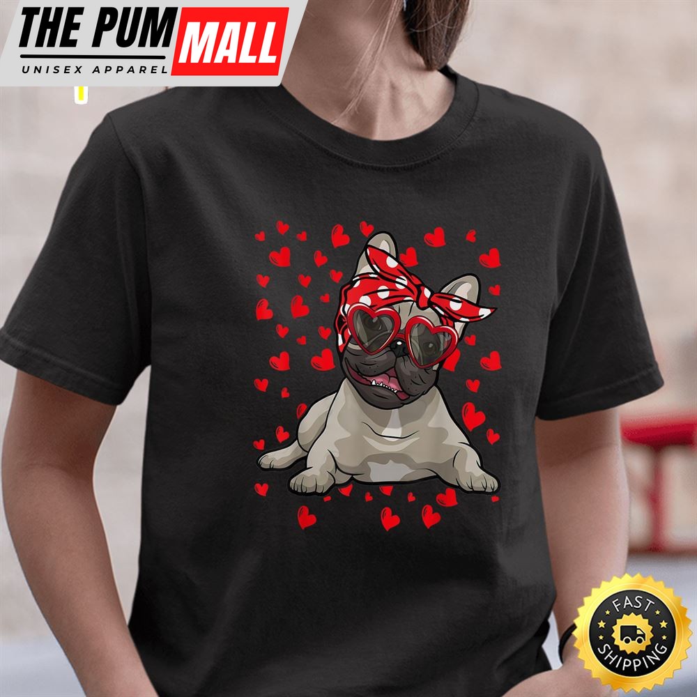 French Bulldog Heart Glasses Valentine Day Frenchie Dog Love T-Shirt