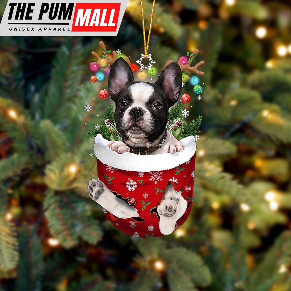 French Bulldog In Snow Pocket Christmas Ornament – Two Sided Christmas Plastic Hanging Limited Edition