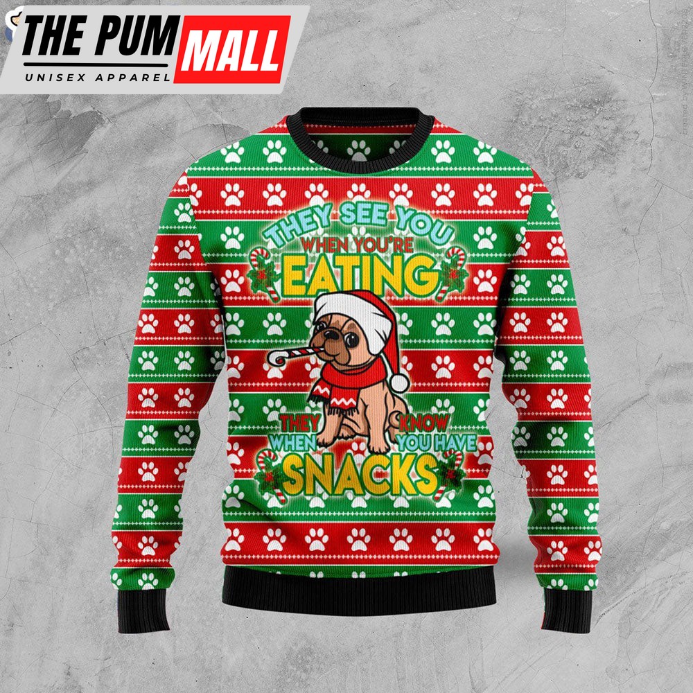 French Bulldog See You Eating Snacks Ugly Christmas Sweater Funny Family Sweater Gifts