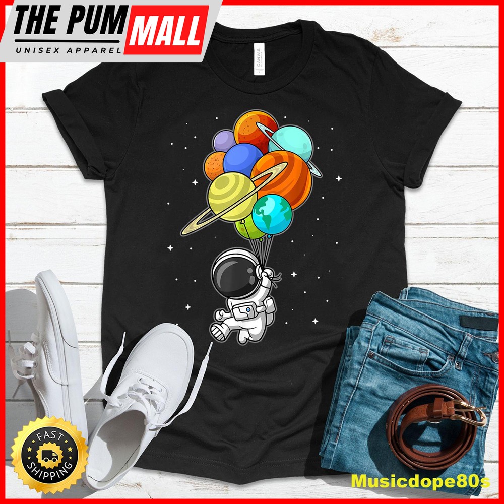 Funny Astronaut Holding Planet Balloons Space Kids Toddler T-Shirt