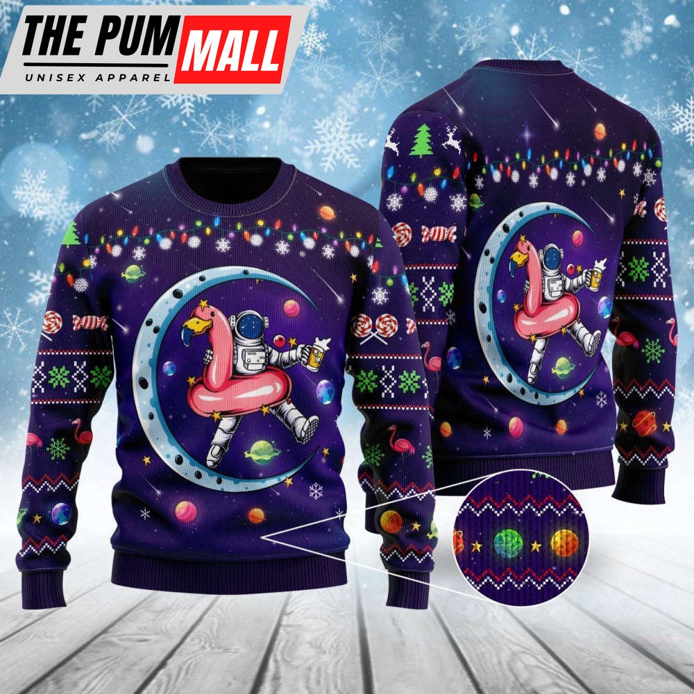 Funny Astronauts Sit On Flamingo Floats In Space With The Planet Ugly Christmas Sweater For Men & Women UH1802