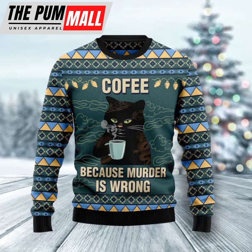 Funny Black Cat Coffee Ugly Christmas Sweater – Gift for Cat Lovers