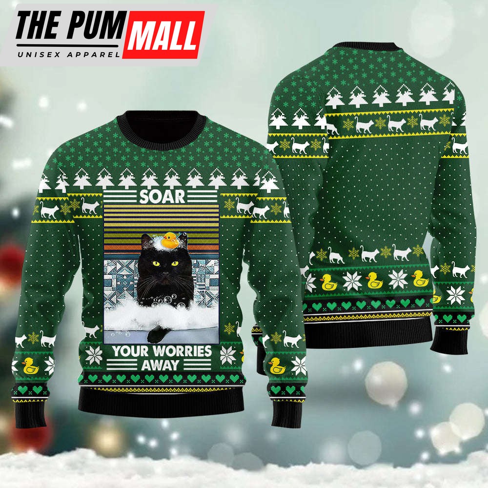 Funny Black Cat Soar Your Worries Away Ugly Christmas Sweater For Men & Women Adult – Christmas Gifts