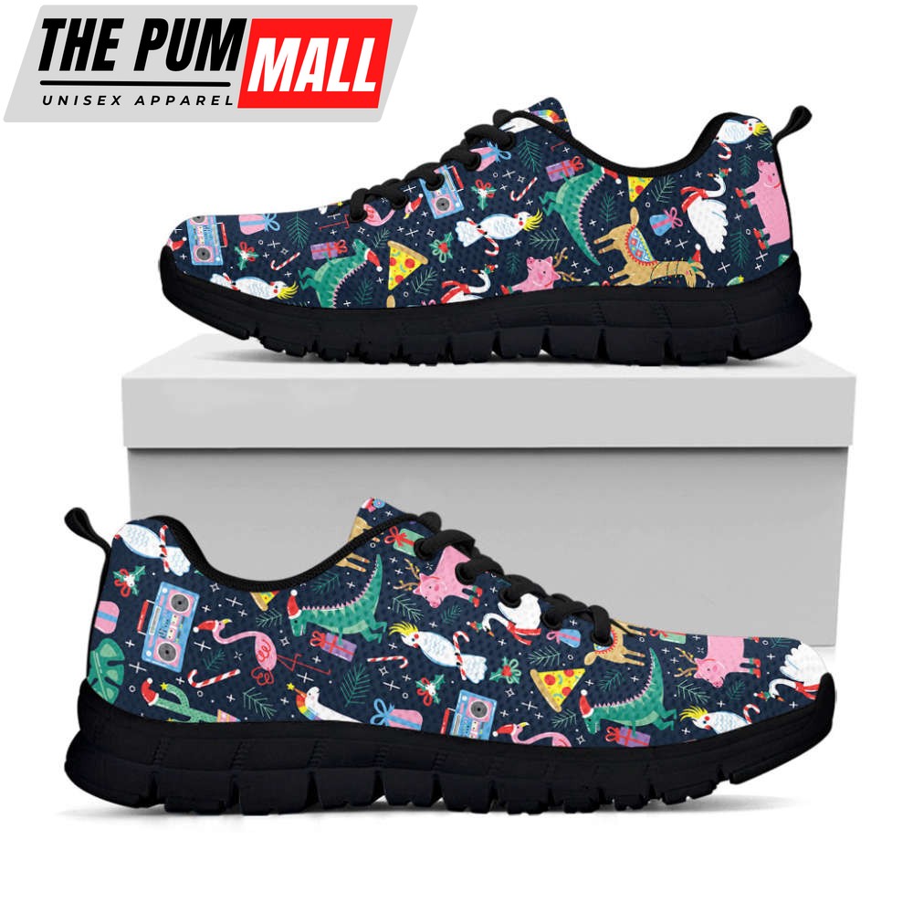 Funny Christmas Animals Pattern Print Black Running Shoes, Gift For Men And Women