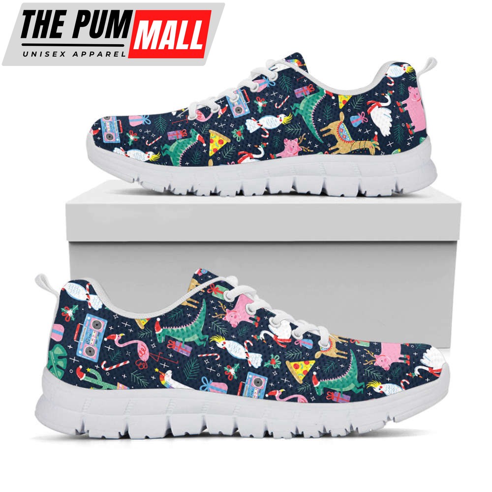 Funny Christmas Animals Pattern Print White Running Shoes, Gift For Men And Women