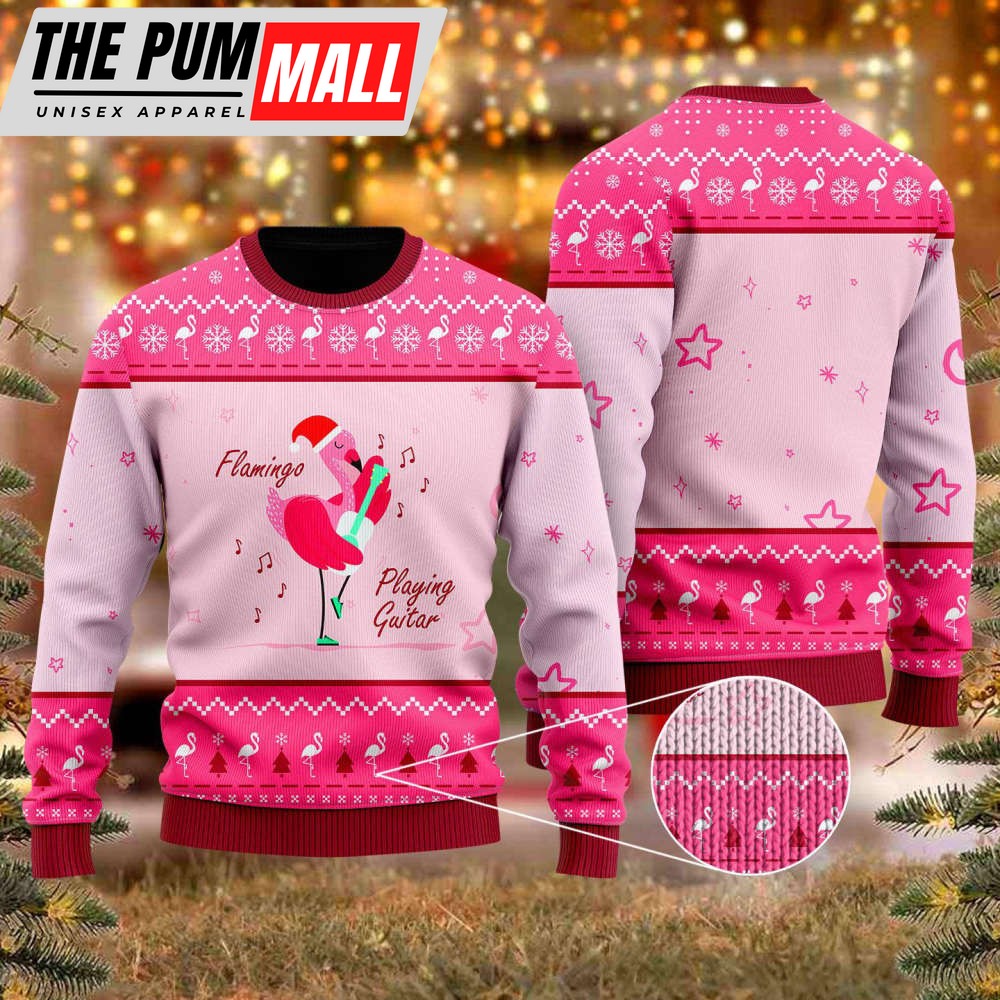 Funny Flamingo Playing Guitar Christmas Ugly Christmas Sweater Gift For Christmas UH1204