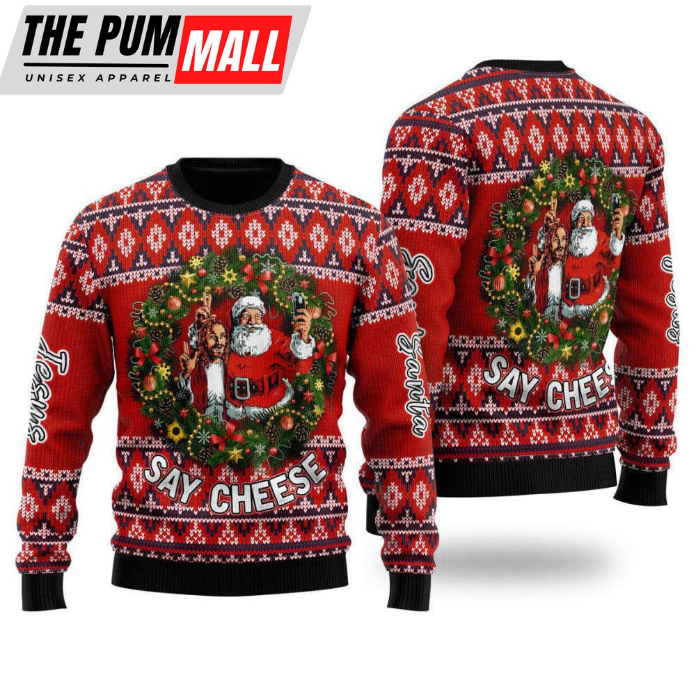 Funny Jesus And Funny Santa Say Cheese Ugly Christmas Sweater, Gift For Christmas