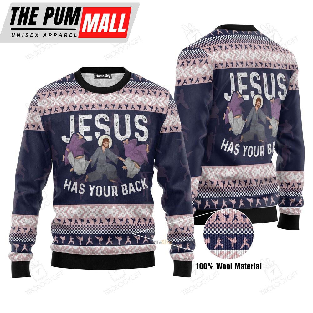 Funny Jesus Has Your Back Jiu Jitsu Ugly Christmas Sweater 3D Printed Best Gift For Xmas