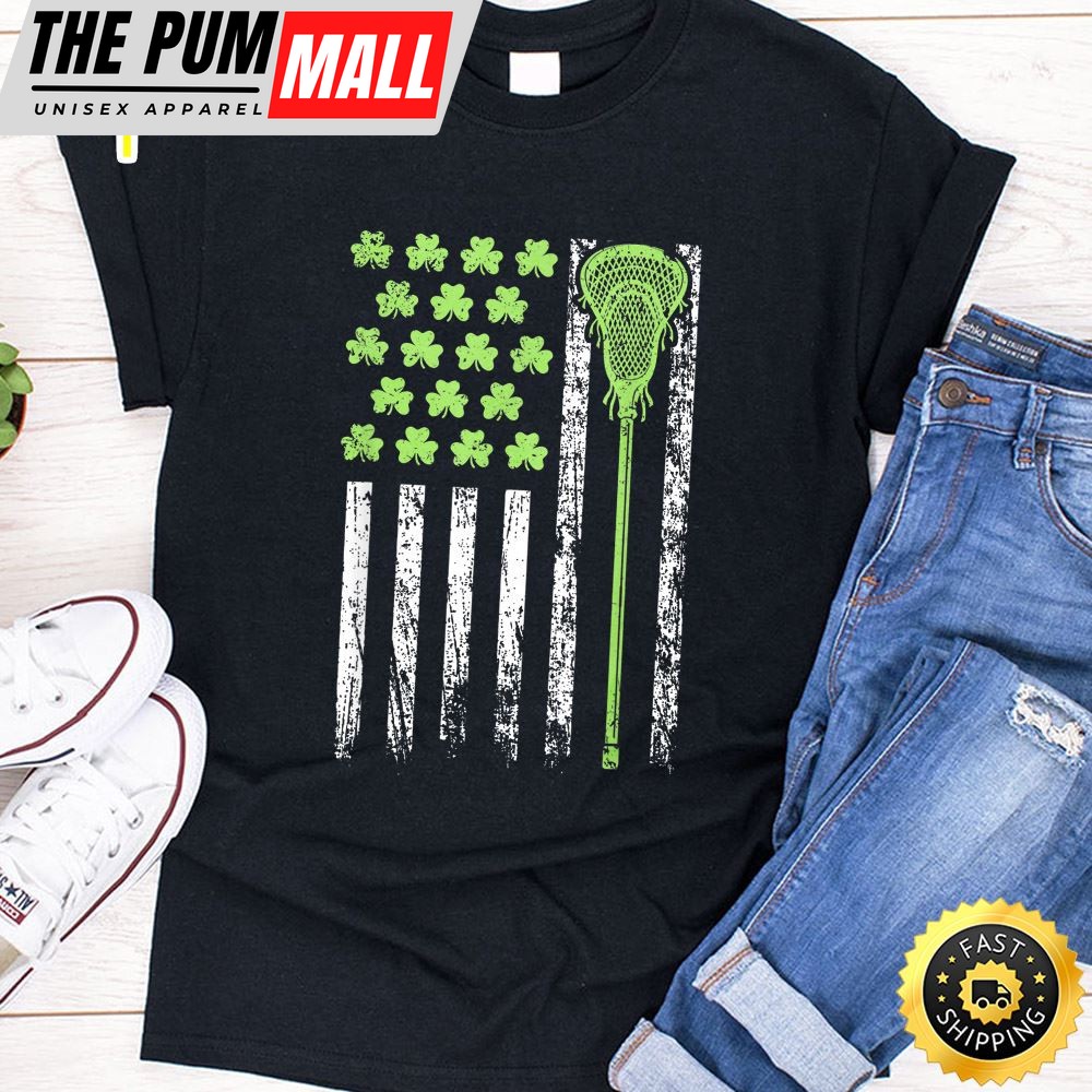 Funny Lacrosse American Flag St Patrick Day For Men Boy Kids T-Shirt