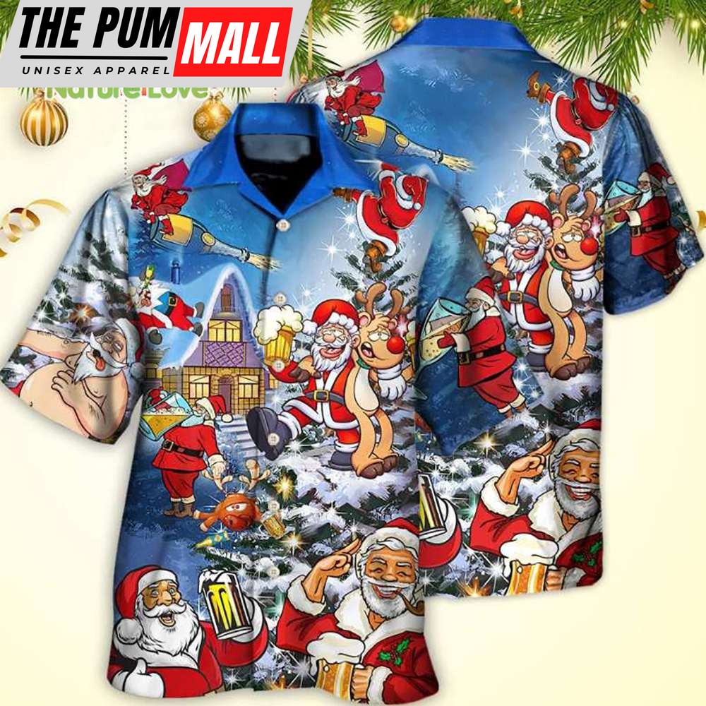 Funny Santa Claus Rudolph Drinking Beer Christmas Hawaiian Shirt