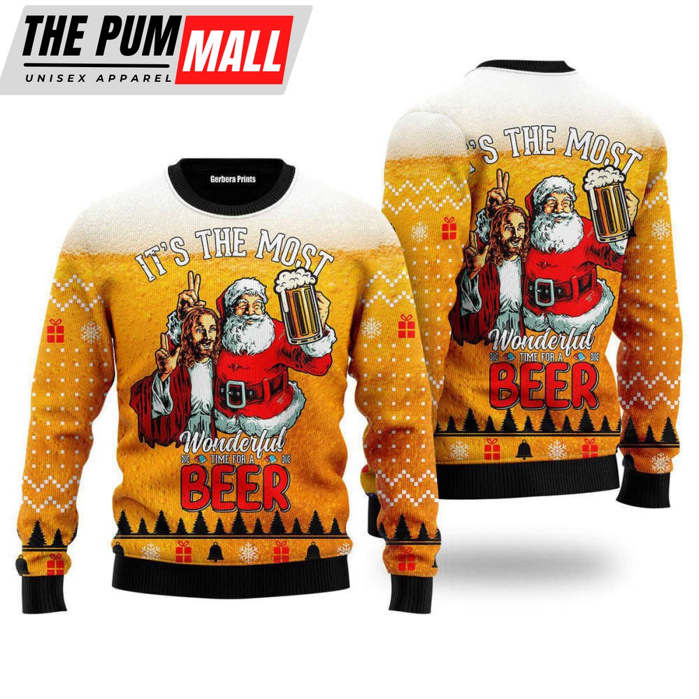 Funny Santa Drink Beer With Jesus Ugly Christmas Sweater, Gift For Christmas