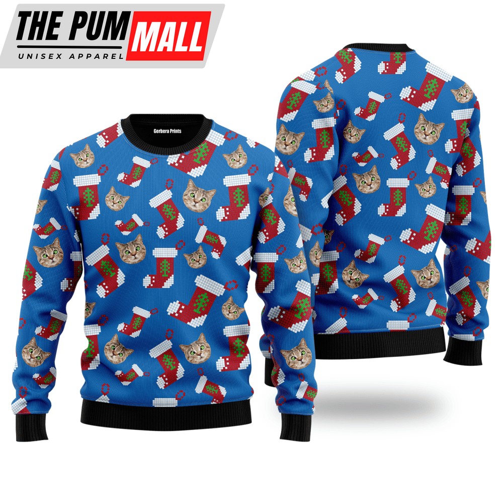 Funny Scotland Straight Cat With Santa Socks Pattern Ugly Christmas Sweater