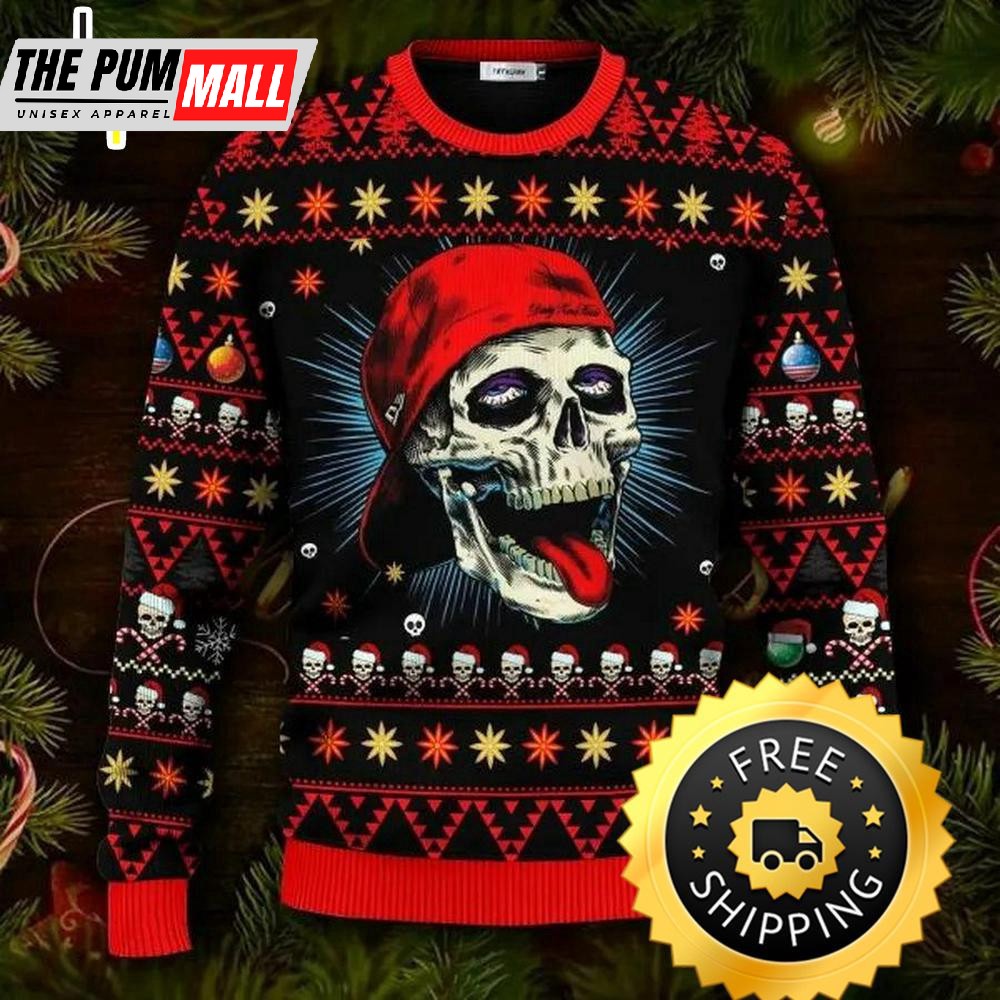 Funny Skull With Cap Skull Ugly Christmas Sweater, Skull Ugly Sweater
