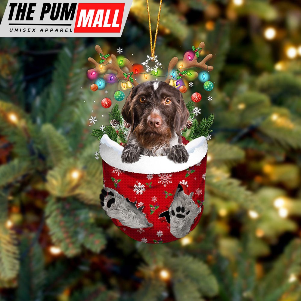 German Wirehaired Pointer In Snow Pocket Christmas Ornament – Two Sided Christmas Plastic Hanging Limited Edition