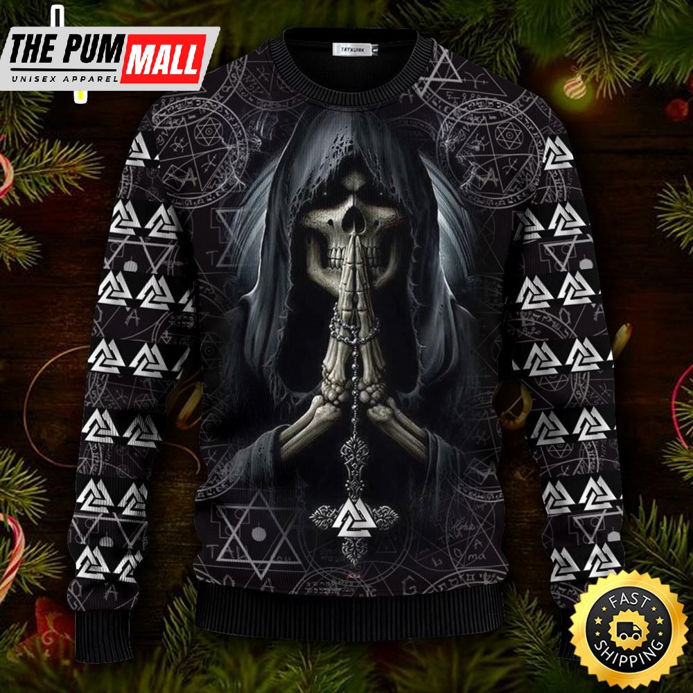 God of Death Valknut Pattern Viking Ugly Christmas Skull Sweater Christmas
