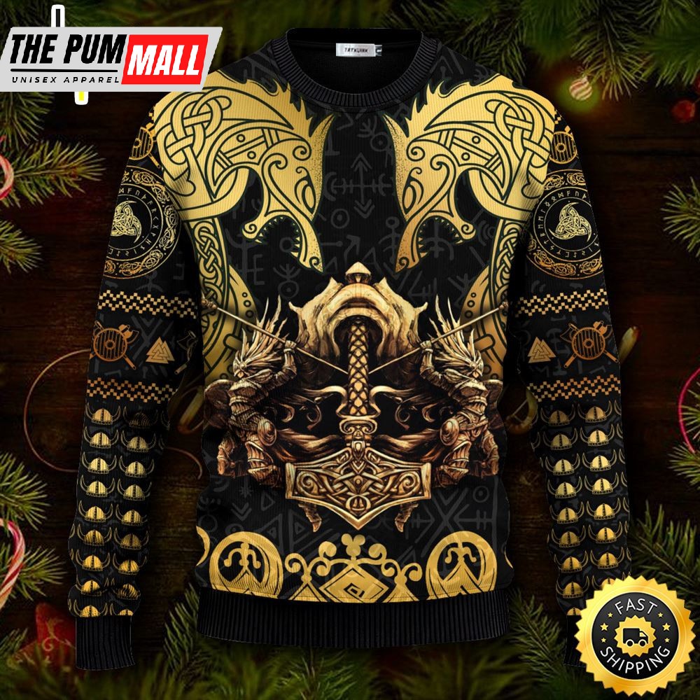 Gold Mythical Dragon Viking Ugly Christmas Skull Sweater Christmas