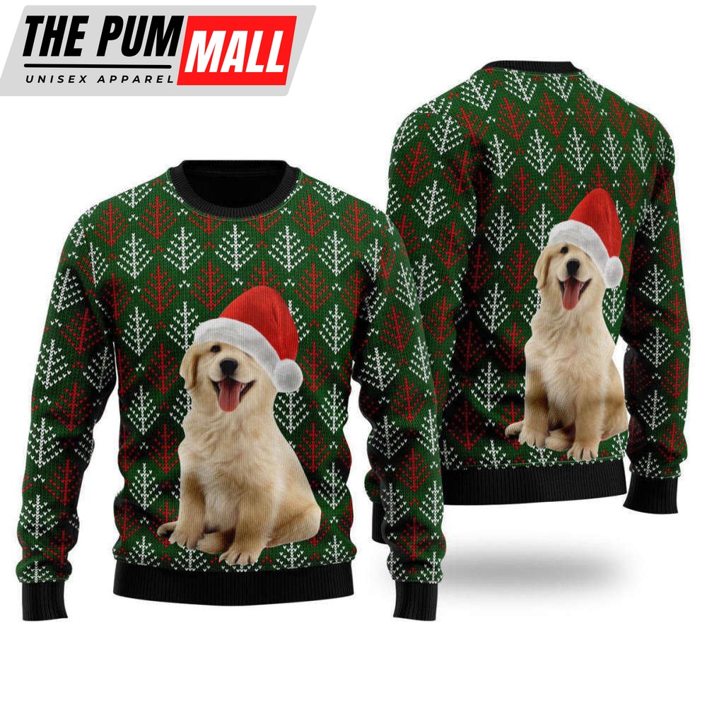 Golden Retriever Puppy Wears Santa Hat Ugly Christmas Sweater For Men And Women