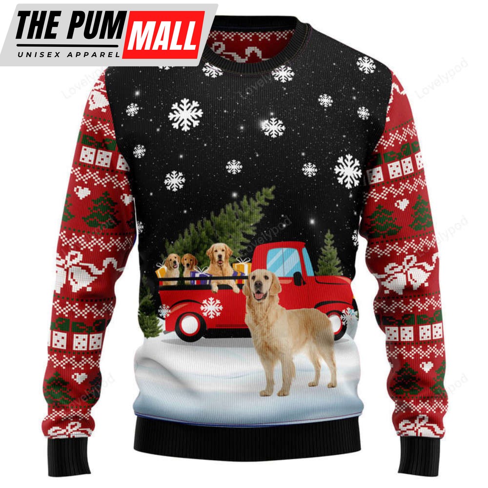 Golden Retriever Red Truck Ugly Christmas Sweater