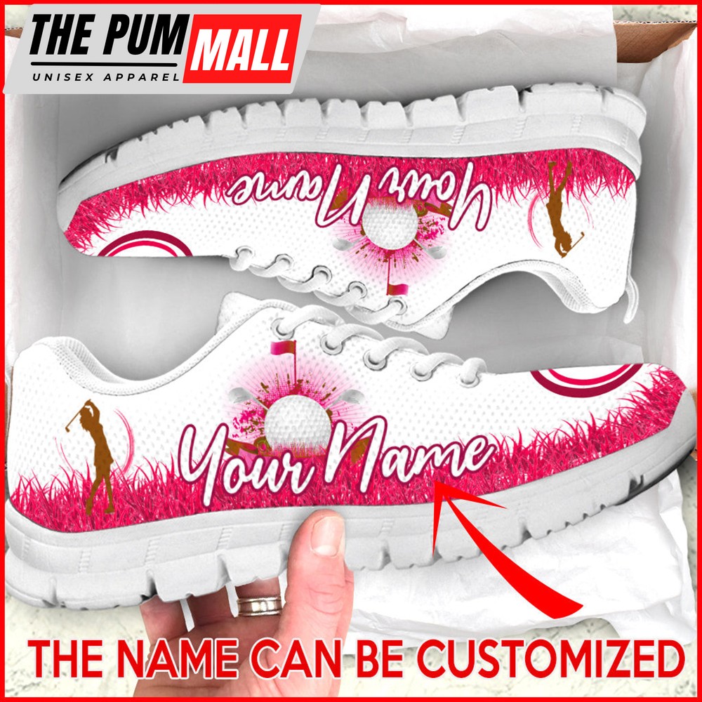 Golf Grass Hot Pink Color Custom Name Fashion Sneaker For Men And Women Comfortable Walking Running Lightweight Casual Shoes