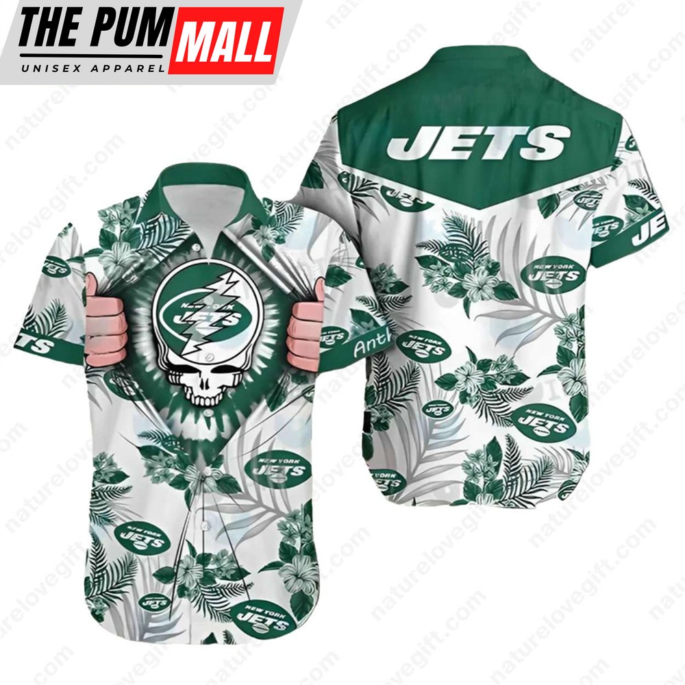 Grateful Dead New York Jets Tropical Hibiscus Hawaiian Shirt