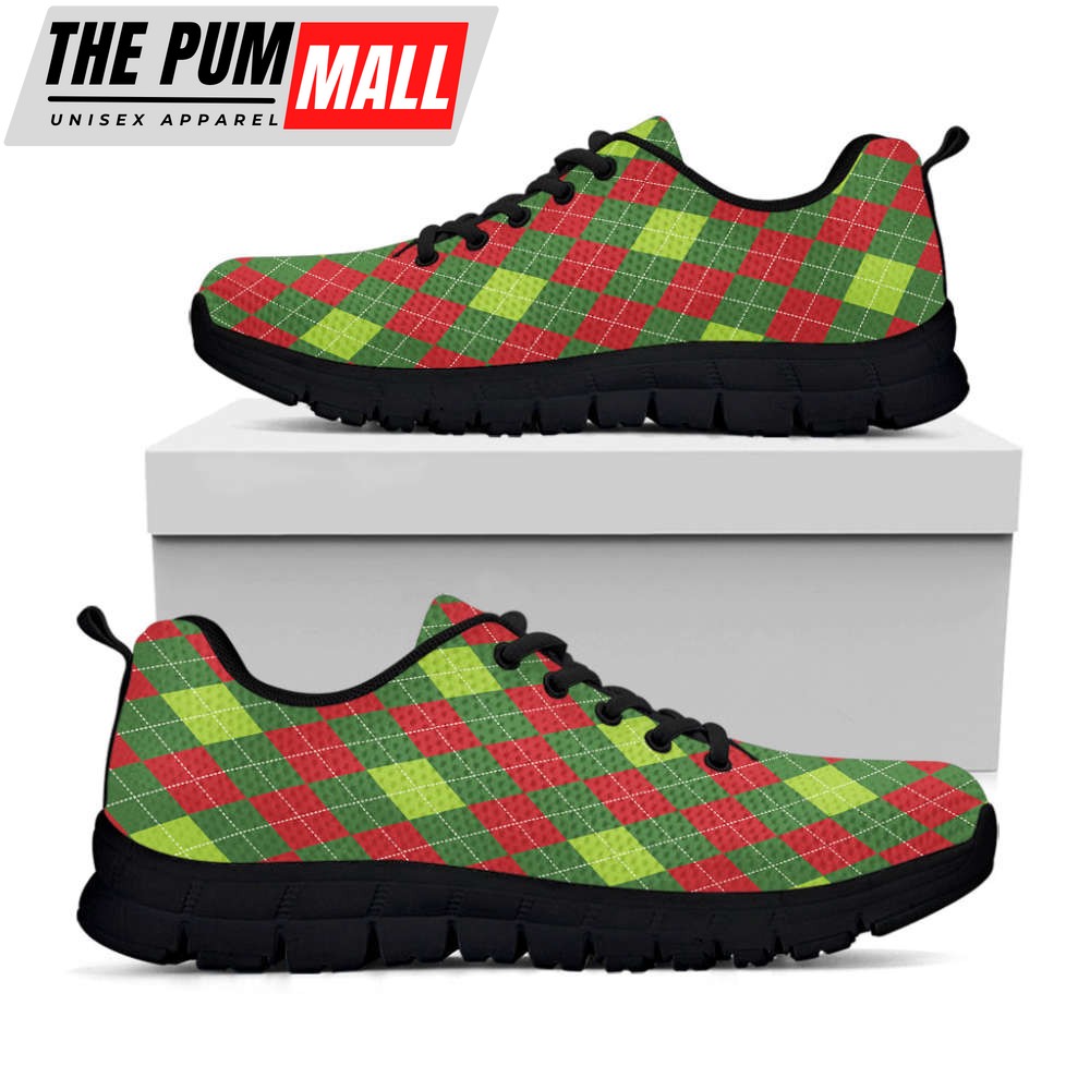 Green And Red Christmas Argyle Print Black Running Shoes, Gift For Men And Women