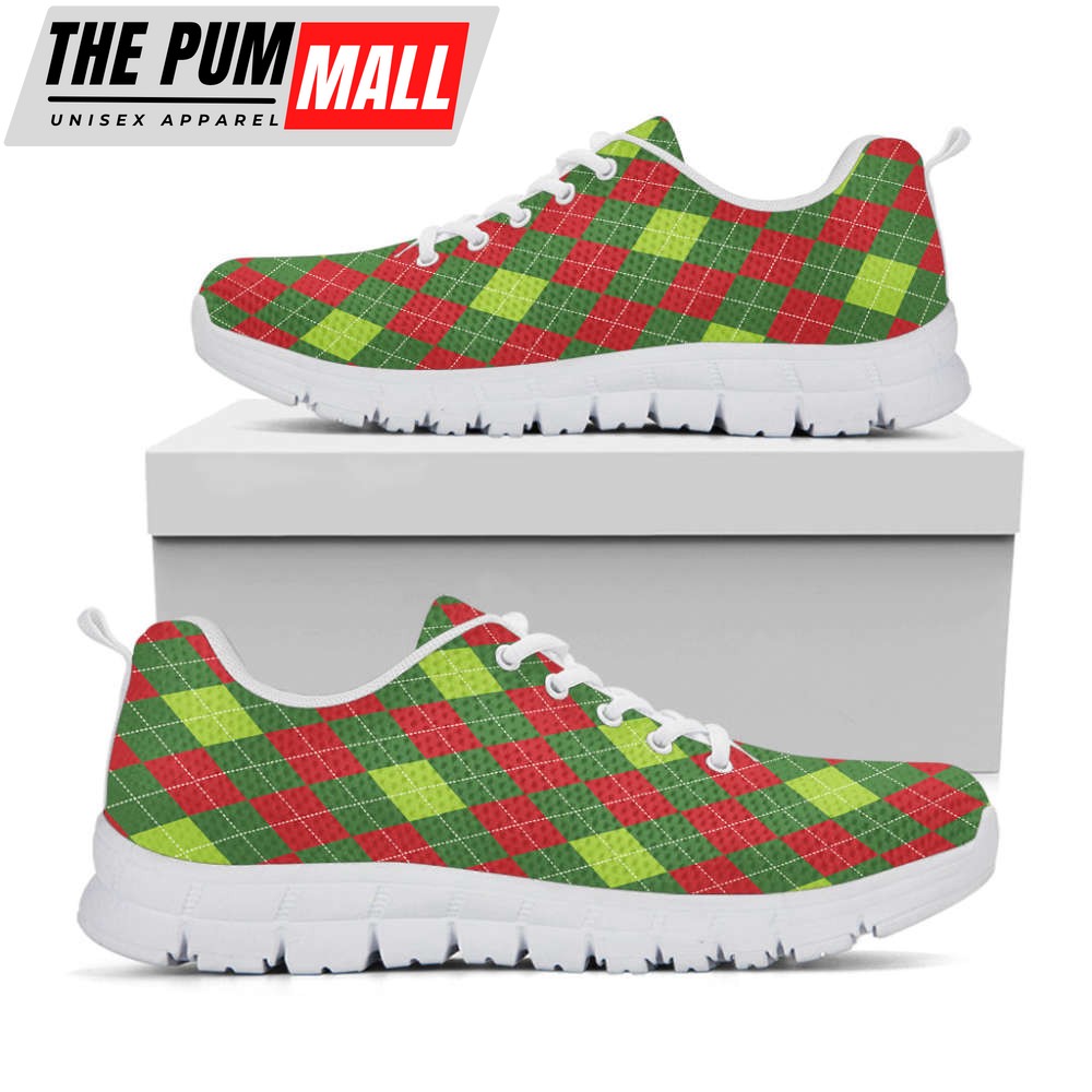 Green And Red Christmas Argyle Print White Running Shoes, Gift For Men And Women
