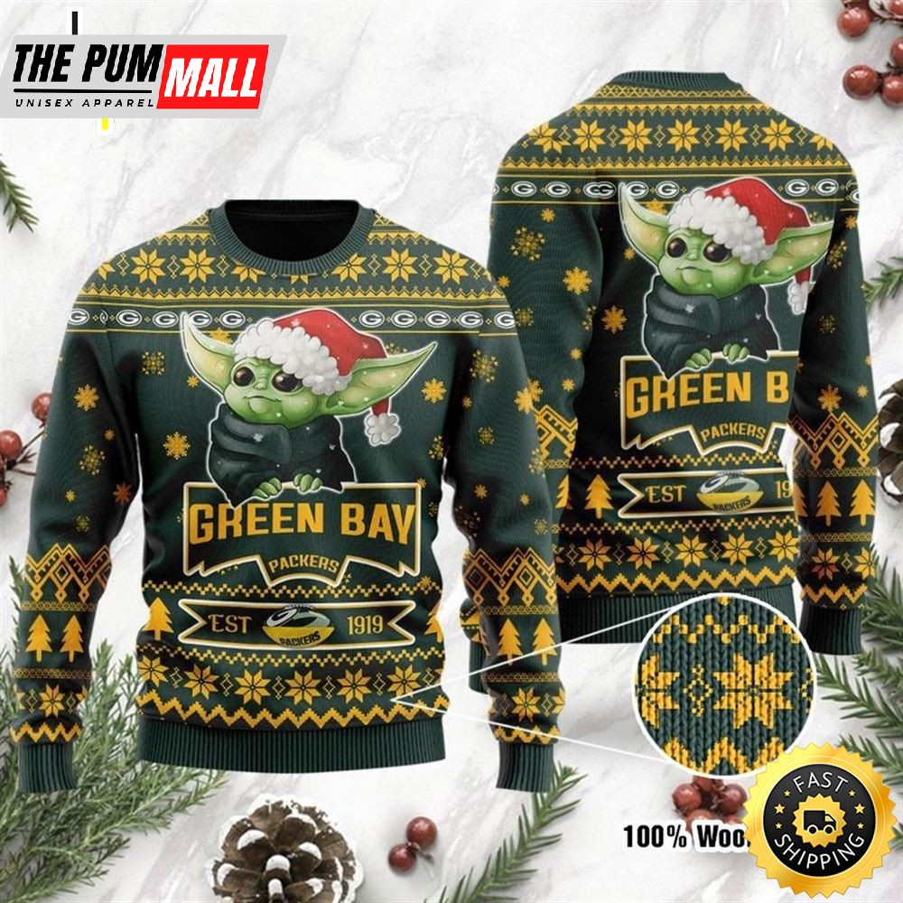 Green Bay Packers Cute Baby Yoda Grogu Holiday Party Ugly Christmas Sweater
