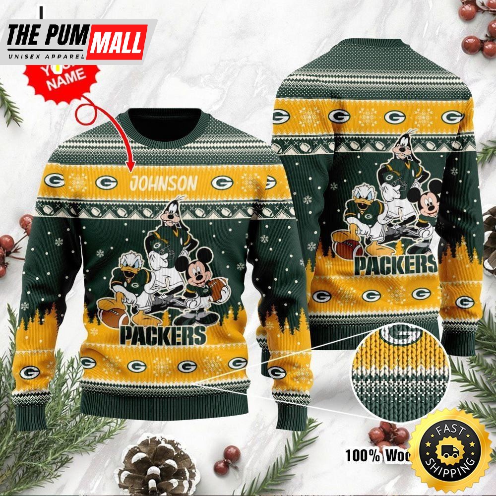 Green Bay Packers Disney Donald Duck Mickey Mouse Goofy Personalized Ugly Christmas Sweater Perfect Holiday Gift