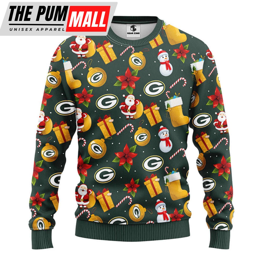 Green Bay Packers Santa Claus Snowman Christmas Ugly Sweater, Gift For Christmas