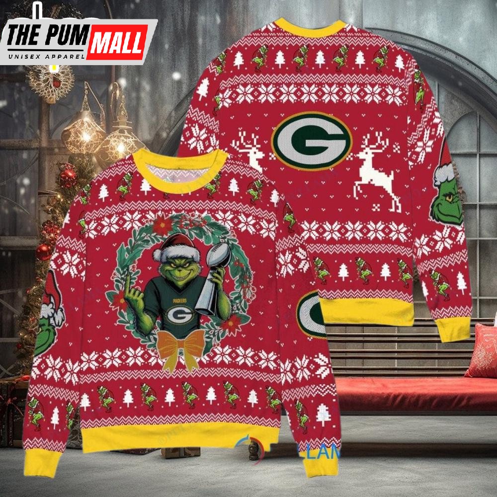 Green Bay Packers x Grinch NFL Grinch Super Bowl Trophy Ugly Christmas Sweater
