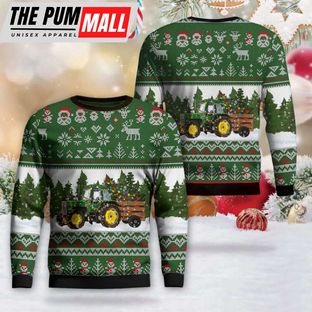 Green Christmas Tractor Christmas Sweater 3D DLHH0711BG01