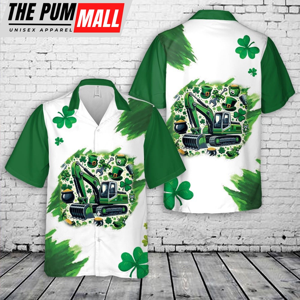 Green Excavator St. Patrick’s Day Hawaiian Shirt, Shamrock Hawaiian Shirt