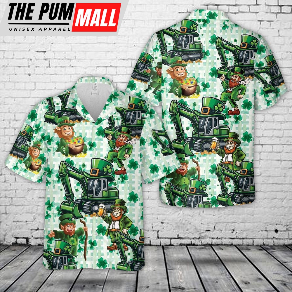 Green Leprechaun Excavator, St Patrick’s Day Hawaiian Shirt, Shamrock Hawaiian Shirt