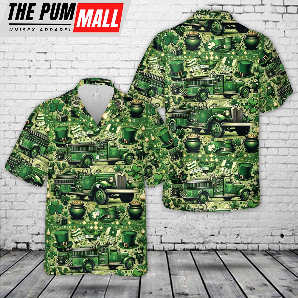 Green Old Fire Trucks St Patrick’s Day Hawaiian Shirt, Shamrock Hawaiian Shirt