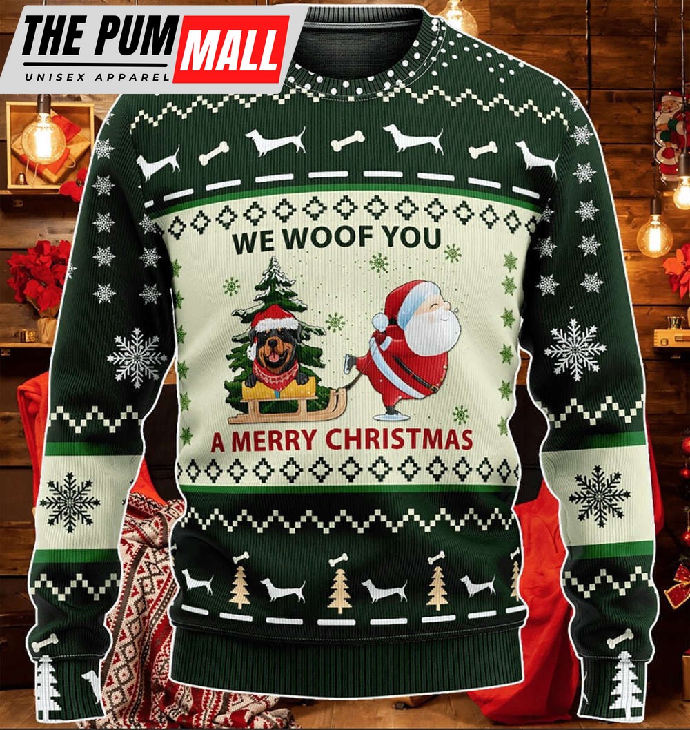 Green Red Rottweiler We Woof You A Merry Ugly Sweater, Best Gift For Christmas