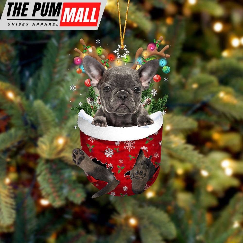 Grey French Bulldog In Snow Pocket Christmas Ornament – Two Sided Christmas Plastic Hanging Limited Edition