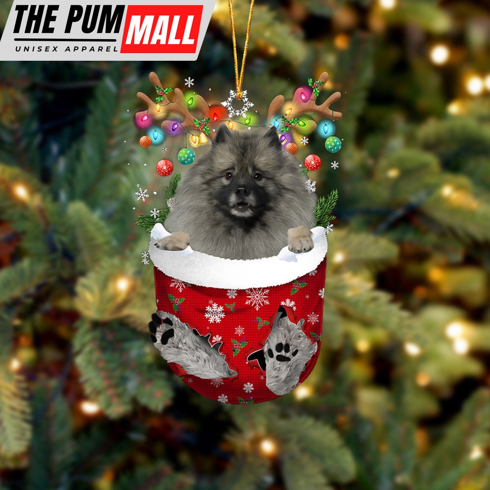 Grey Keeshond In Snow Pocket Christmas Ornament – Two Sided Christmas Plastic Hanging Limited Edition