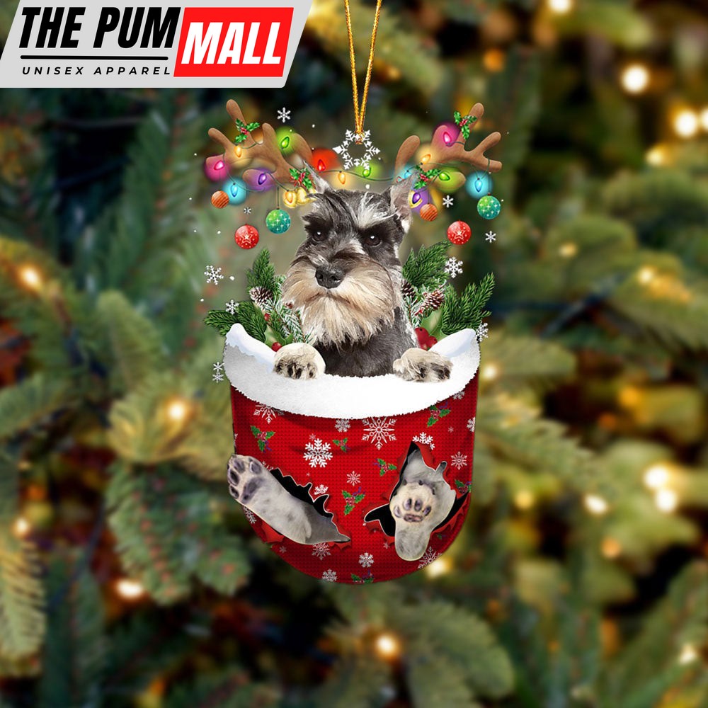 Grey Miniature Schnauzer In Snow Pocket Christmas Ornament – Two Sided Christmas Plastic Hanging Limited Edition