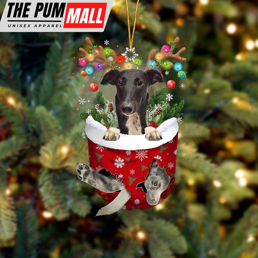 Greyhound In Snow Pocket Christmas Ornament – Two Sided Christmas Plastic Hanging Limited Edition