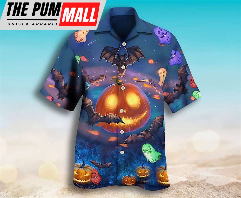 Halloween Glowing Pumpkins By Night With Bat Hawaiian Shirt