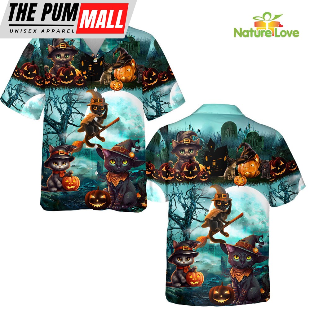 Halloween Witch Cat Hawaiian Shirts for Men Women Cat Lovers