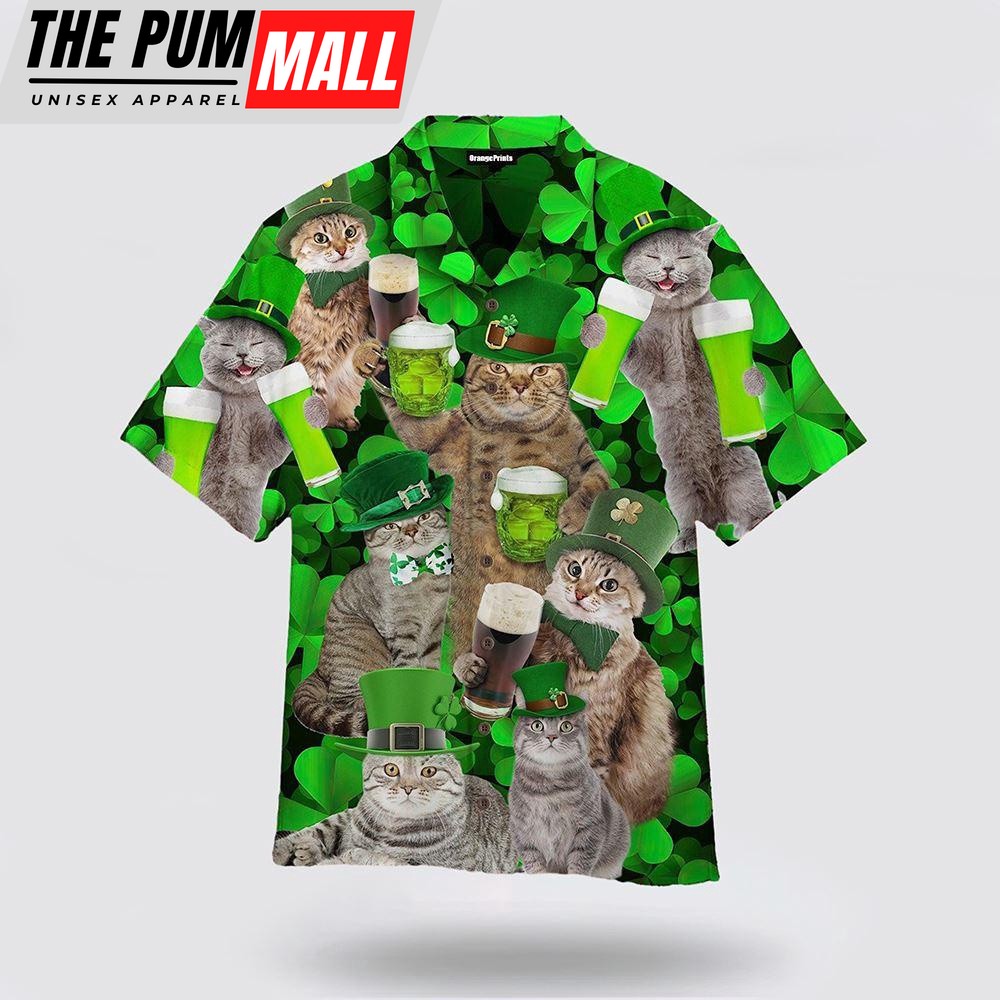 Happy Cats St Patricks Day Shirts, Shamrock Hawaiian Shirt
