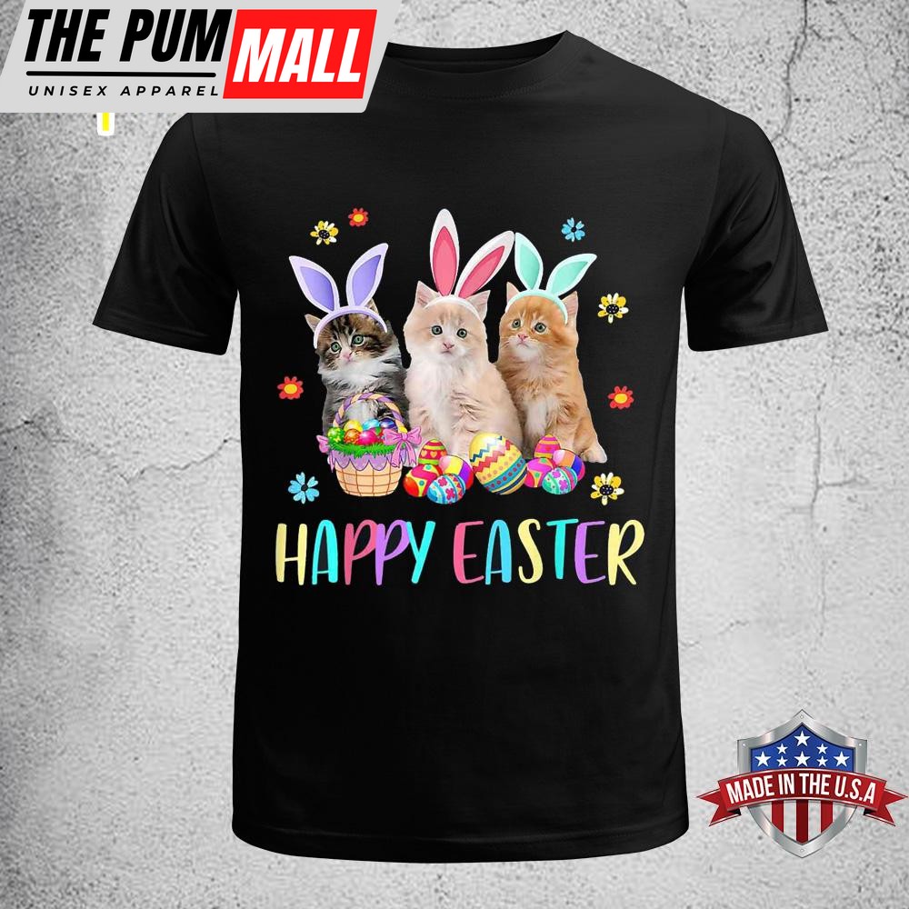Happy Easter Three Cat Wearing Bunny Ear Kitty Kitten Lover Funny Easter Shirt