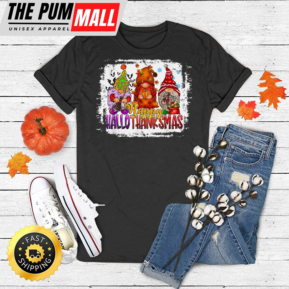 Happy HalloThankMas Gnome Halloween Christmas Thanksgiving T-Shirt