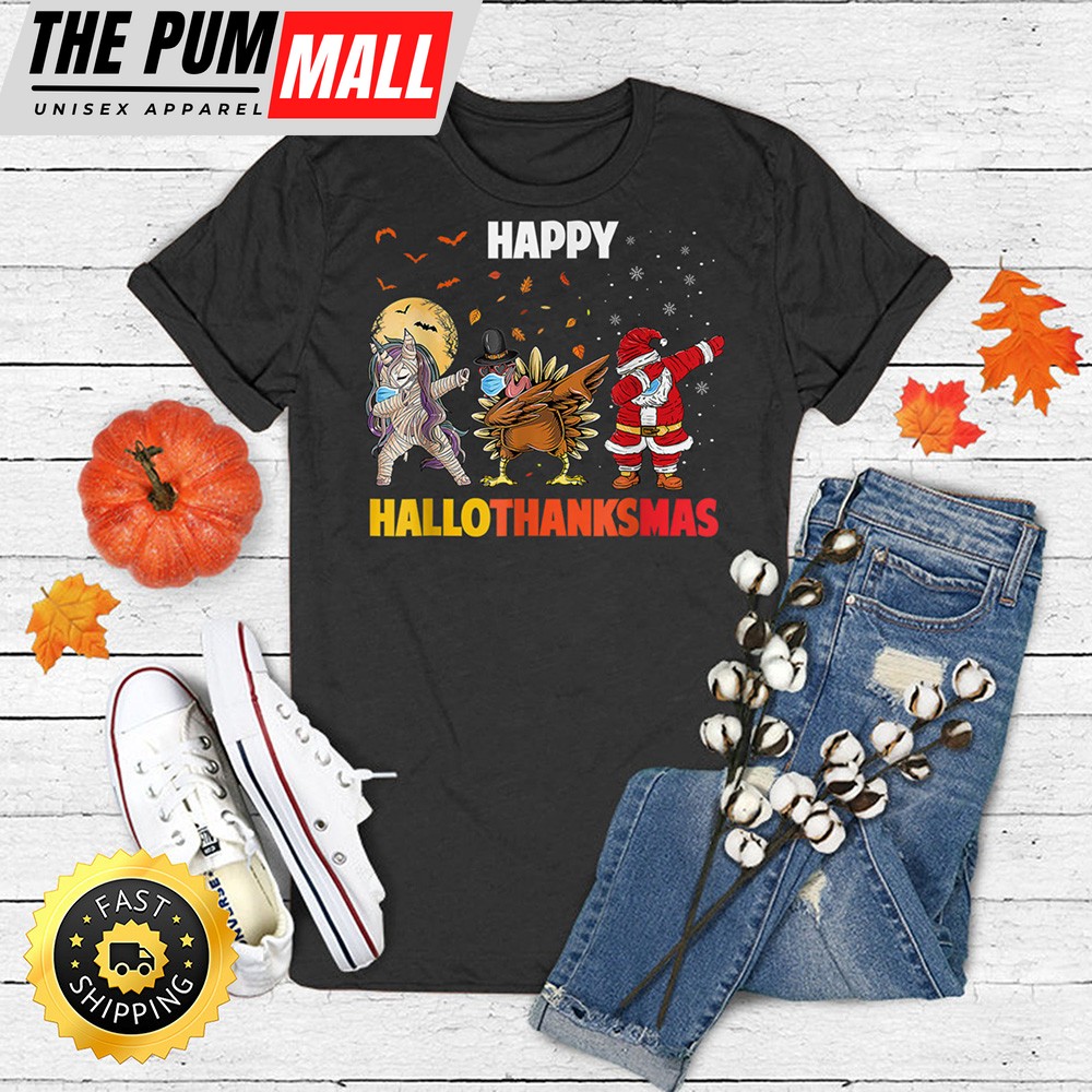 Happy Hallothanksmas Dabbing Unicorn Turkey Santa Claus 2025 T-Shirt